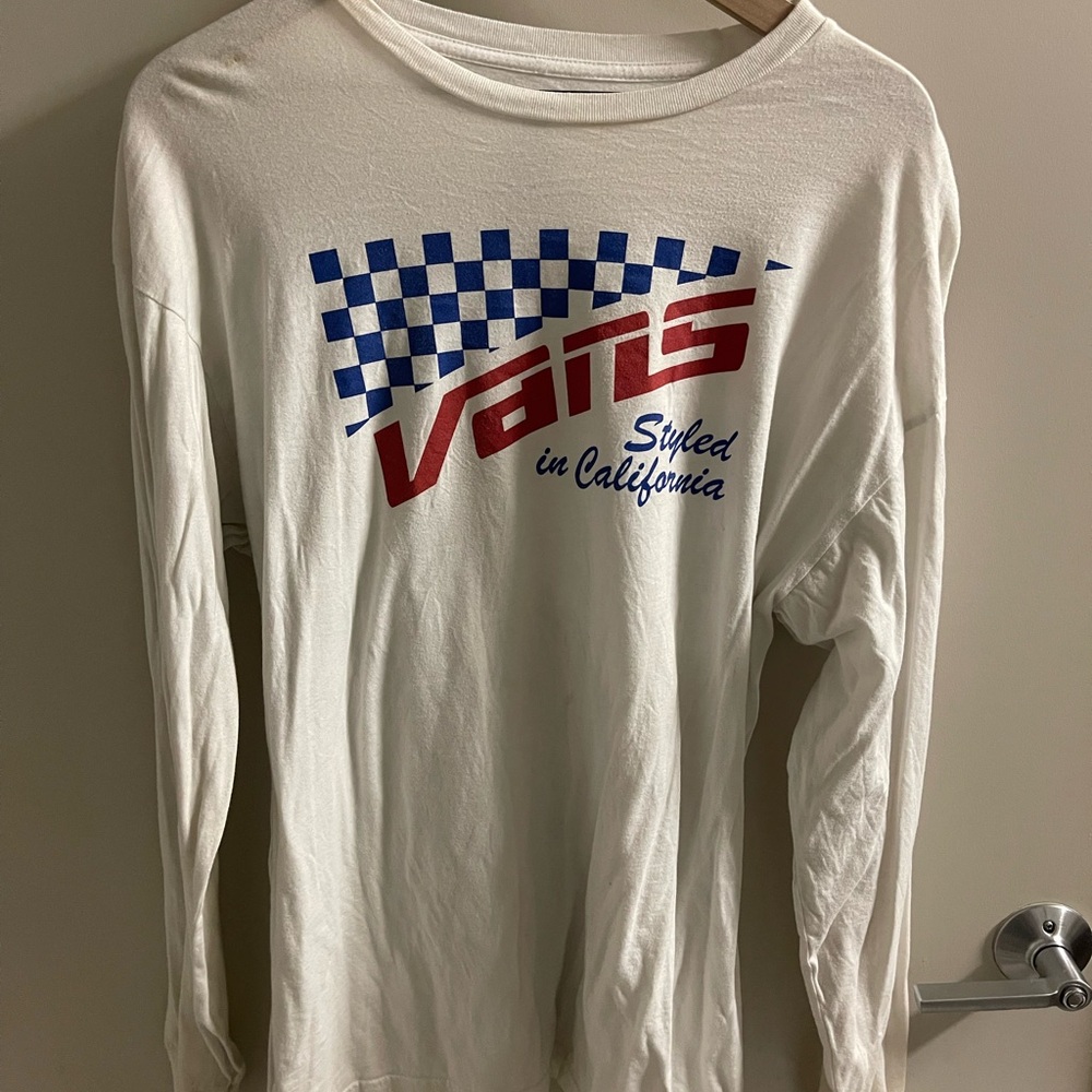 Vans White Long Sleeve Tee with Red and Blue Graphics